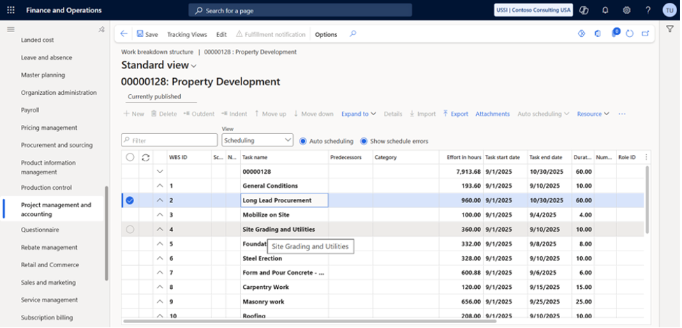 Work Breakdown Structure (WBS); WBS Templates; WBS Scheduling and Cost Estimate Views; Project Forecasts and Budgets; Time and Expense Entries 