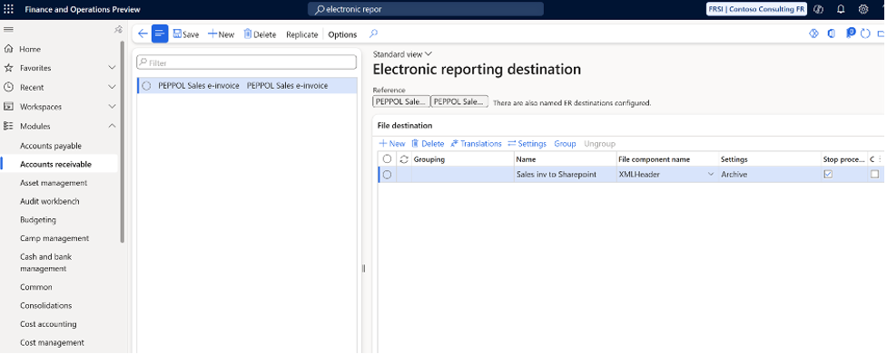PEPPOL e-invoicing, Belgium e-invoicing, France e-invoicing, UBL electronic invoices, Dynamics 365 Finance, Electronic Reporting, PEPPOL sales invoices, SFTP e-invoicing, SharePoint e-invoice export